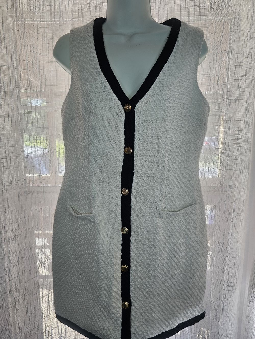 Sleeveless White Midi Knit Dress with Black Trim and Gold Buttons